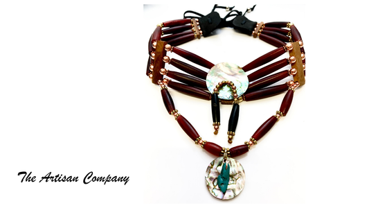 Traditional Native Red Horn Choker w Abalone Shell Necklace