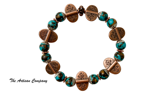 Turquoise & Brown Composite Stone Stretch Bracelet w Copper