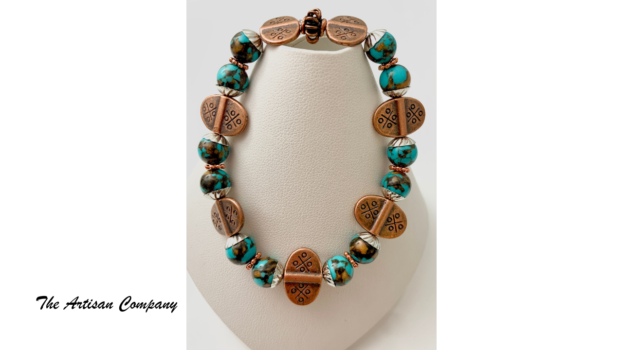Turquoise & Brown Composite Stone Stretch Bracelet w Copper