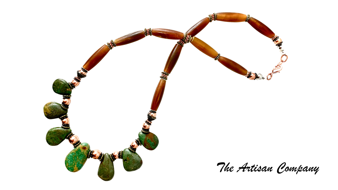 Green Turquoise and Natural Horn Necklace