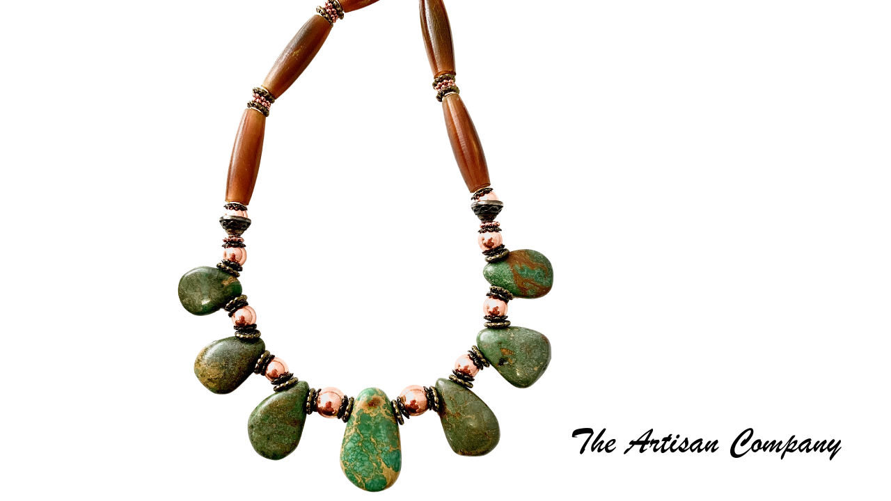 Green Turquoise and Natural Horn Necklace