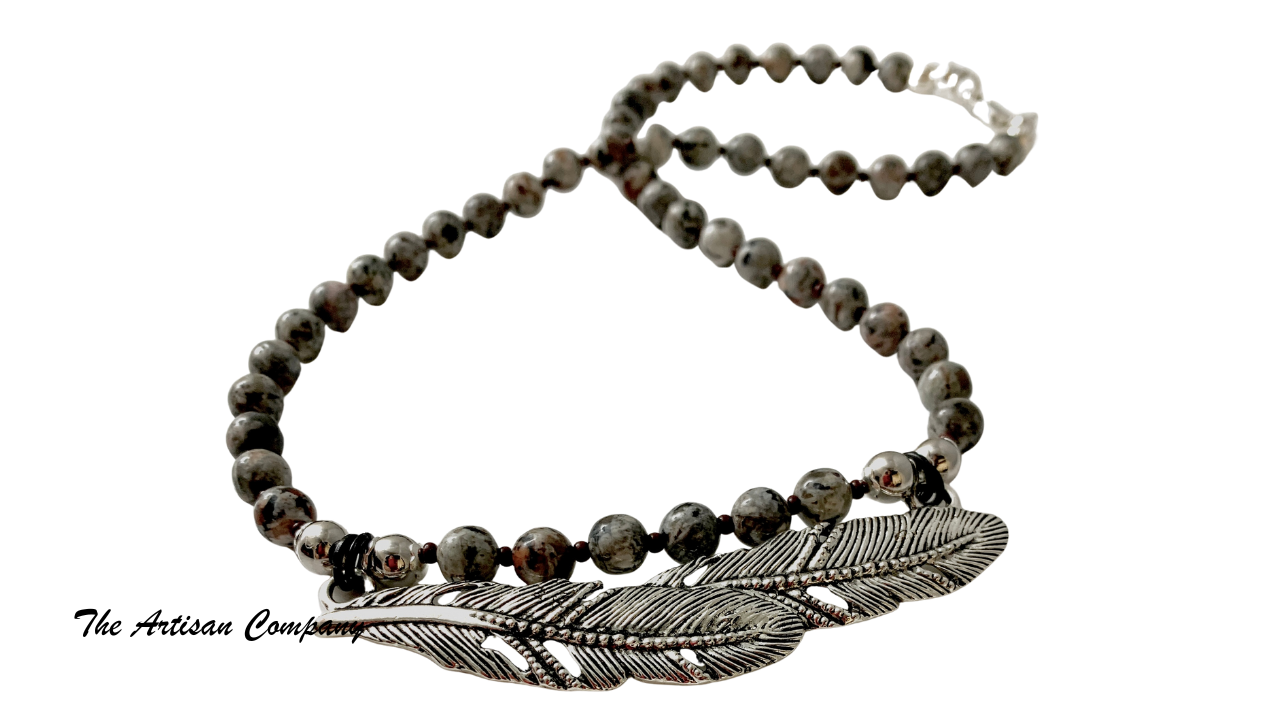 Yooperlite Stone and Metal Feather Necklace w Earrings