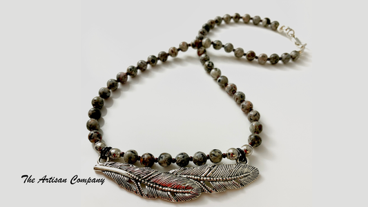 Yooperlite Stone and Metal Feather Necklace w Earrings